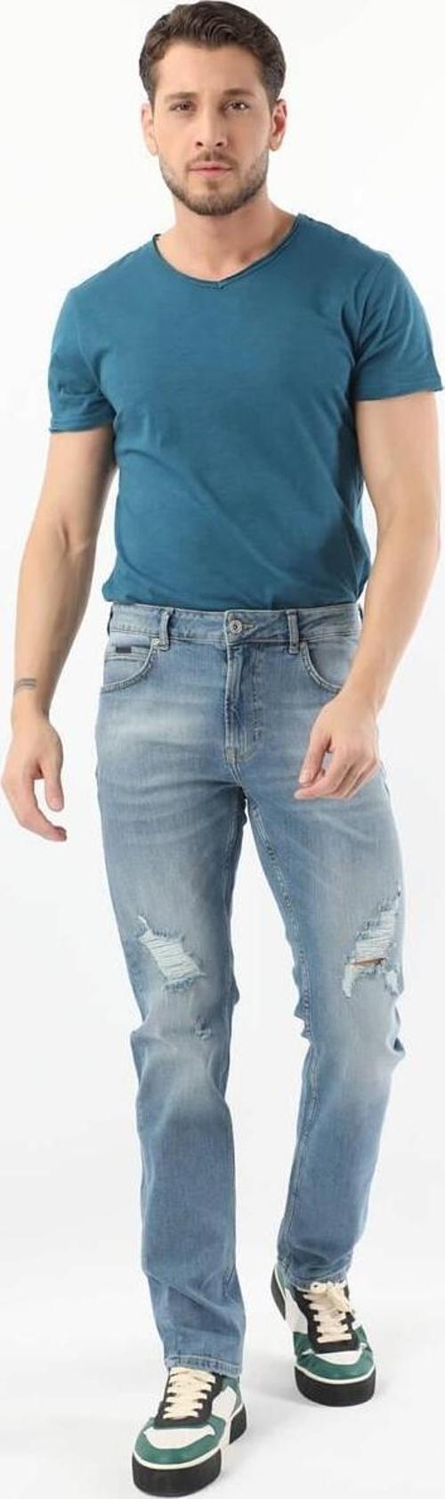 Erkek Dizi Yırtık Regular Fit Jean Pantolon Mavi