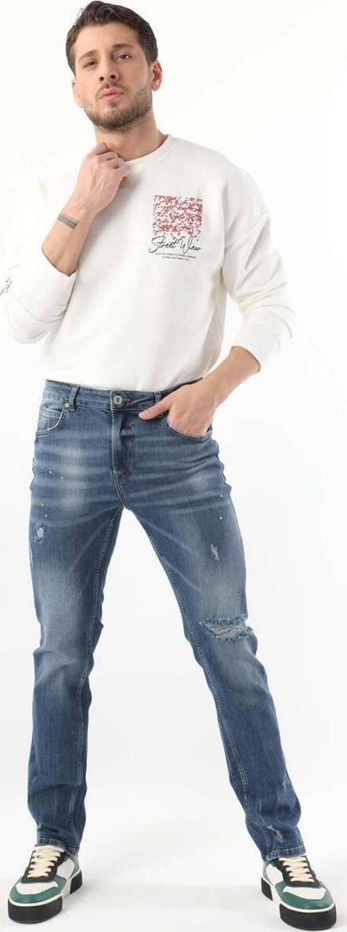 Erkek Dizi Yırtık Boyalı Jean Pantolon Mavi