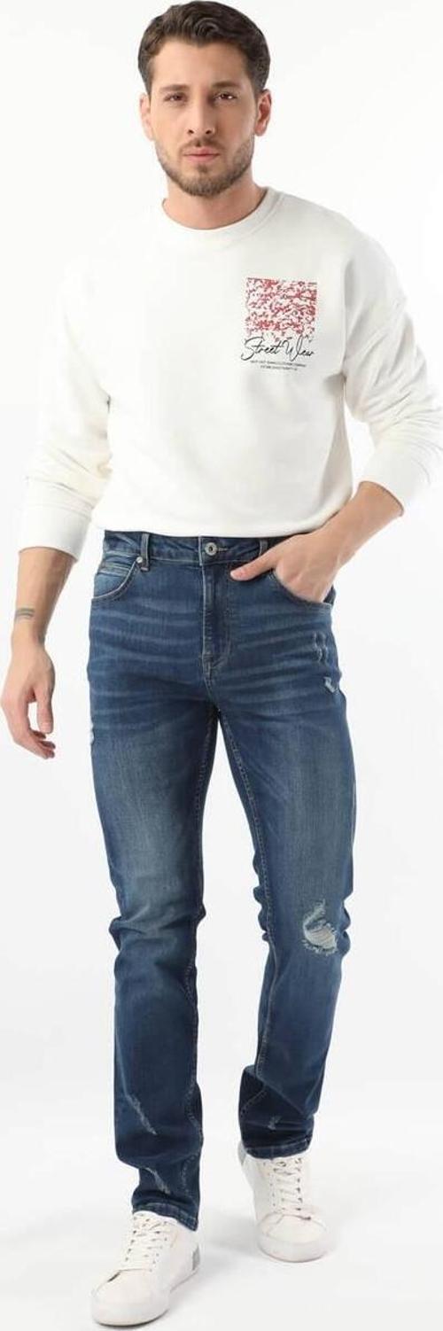 Erkek Dizi Yırtık Jean Pantolon Koyu Mavi
