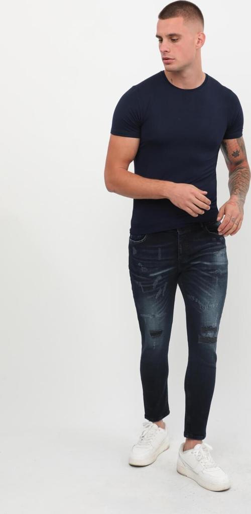 Erkek Skinny Ripped Patch Detaylı Jean Lacivert