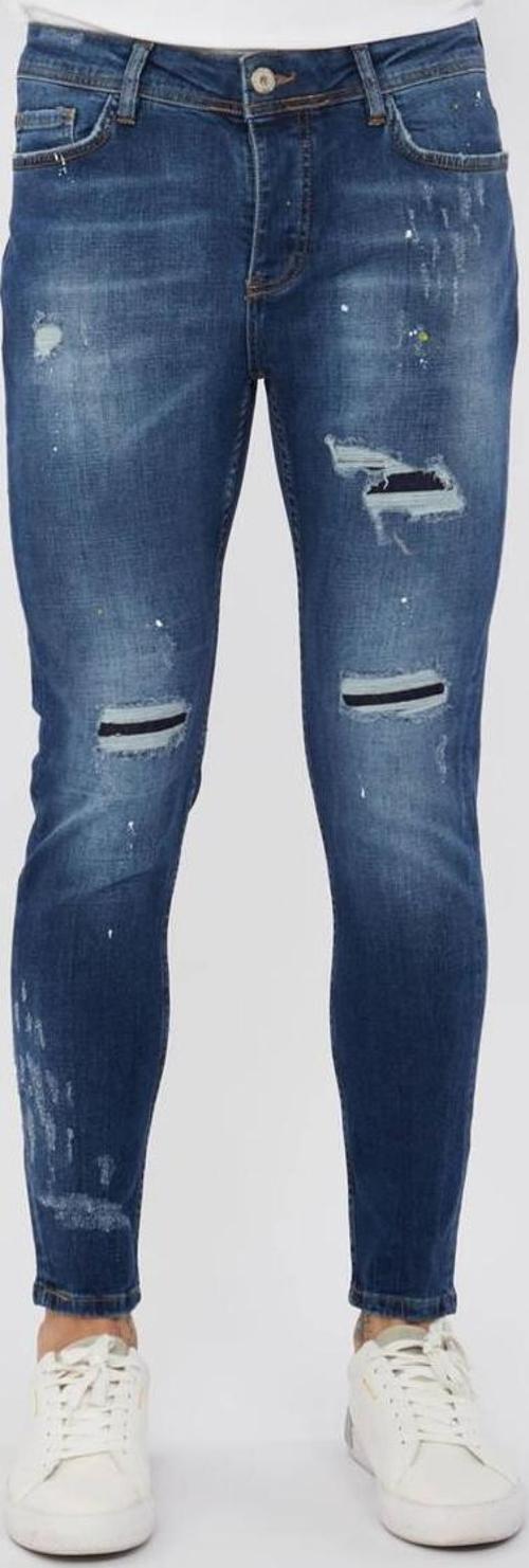 Erkek Skinny Ripped Patch Detaylı Jean Koyu Mavi