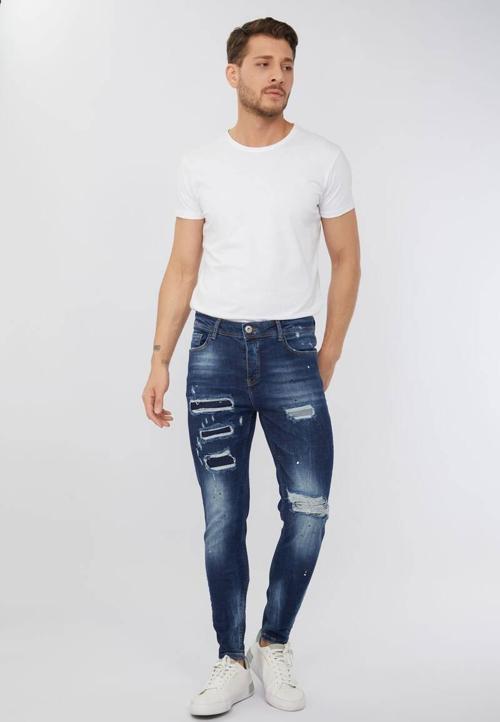Erkek Skinny Fit  Destroy Koyu Mavi