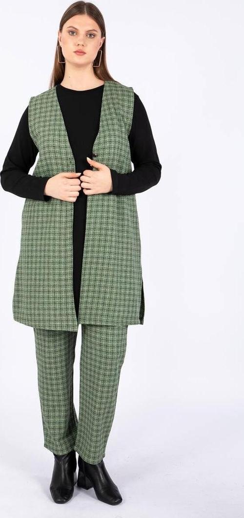 Kadın Büyük Beden Kareli Yelekli Takım 3'lü Yeşil