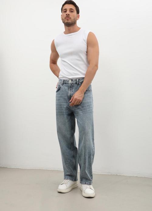 Erkek Skater Fit Jean Pantolon Buz Mavisi