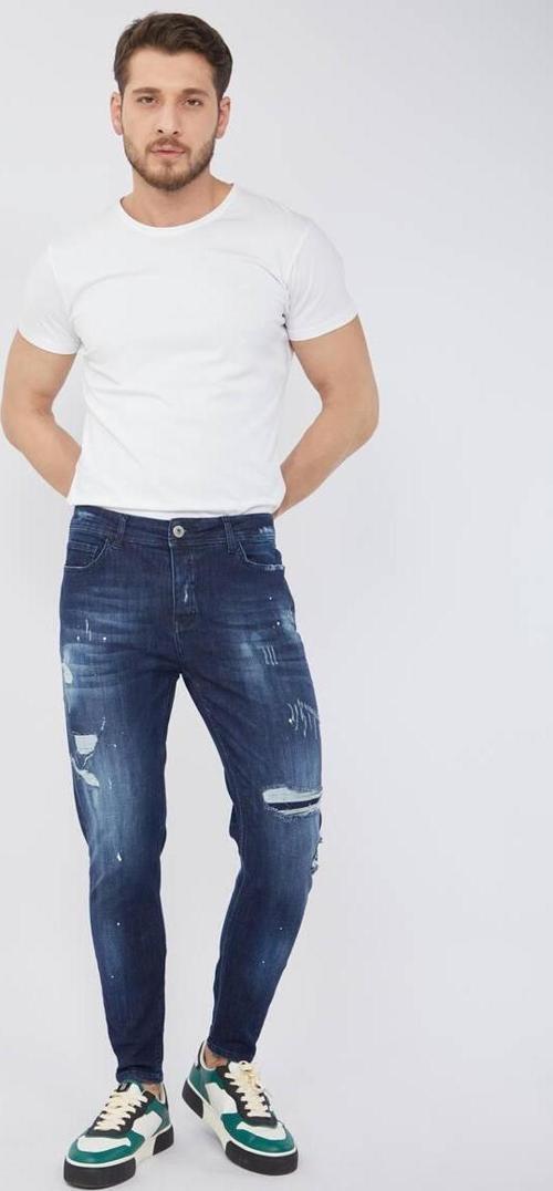 Erkek Skinny Fit Boya Detaylı Jean Koyu Mavi