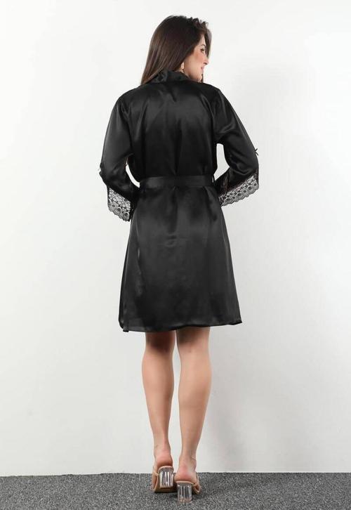 Kadın Saten Dantelli Gecelik Sabahlık Takım