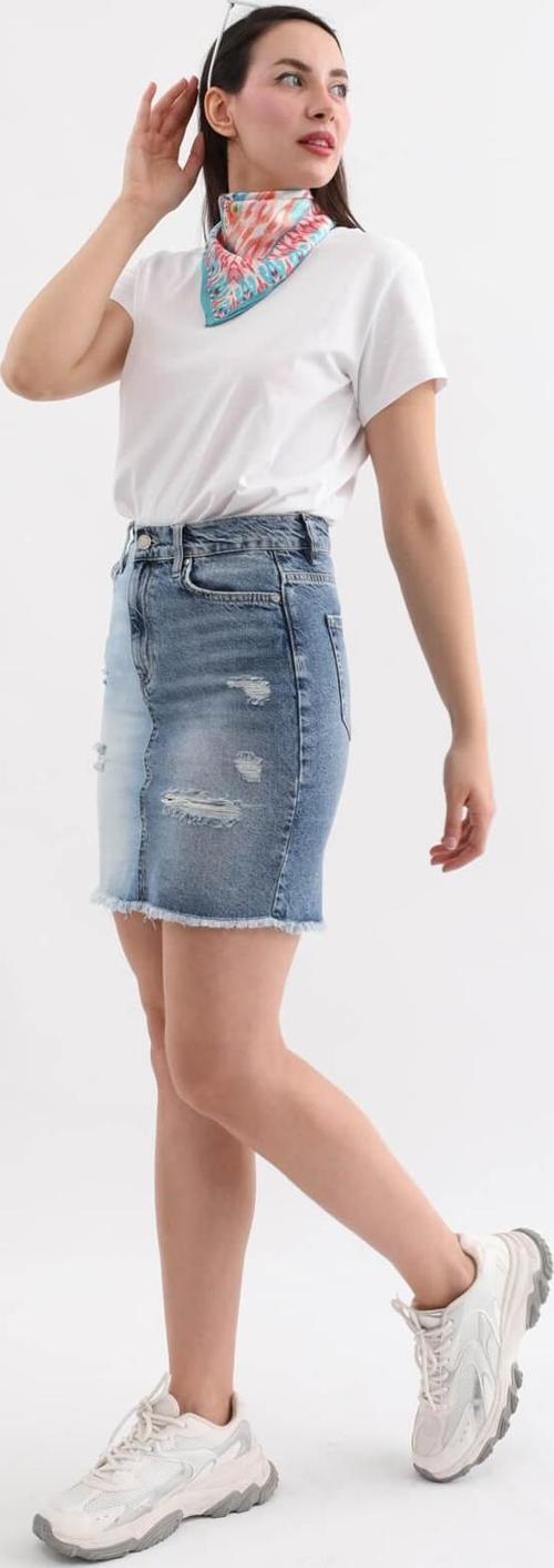 Kadın Mavi Renk Bloklu Yırtık Jean Etek