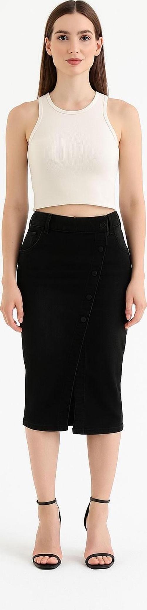 Önü Yan Düğmeli Midi Boy Likralı Siyah Jean Etek