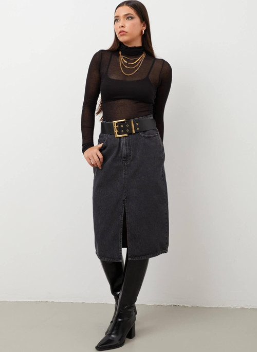 Kadın Yırtmaçlı Midi Jean Etek