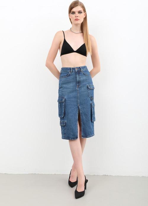 Kargo Cepli Önden Yırtmaçlı Jean Etek Mavi