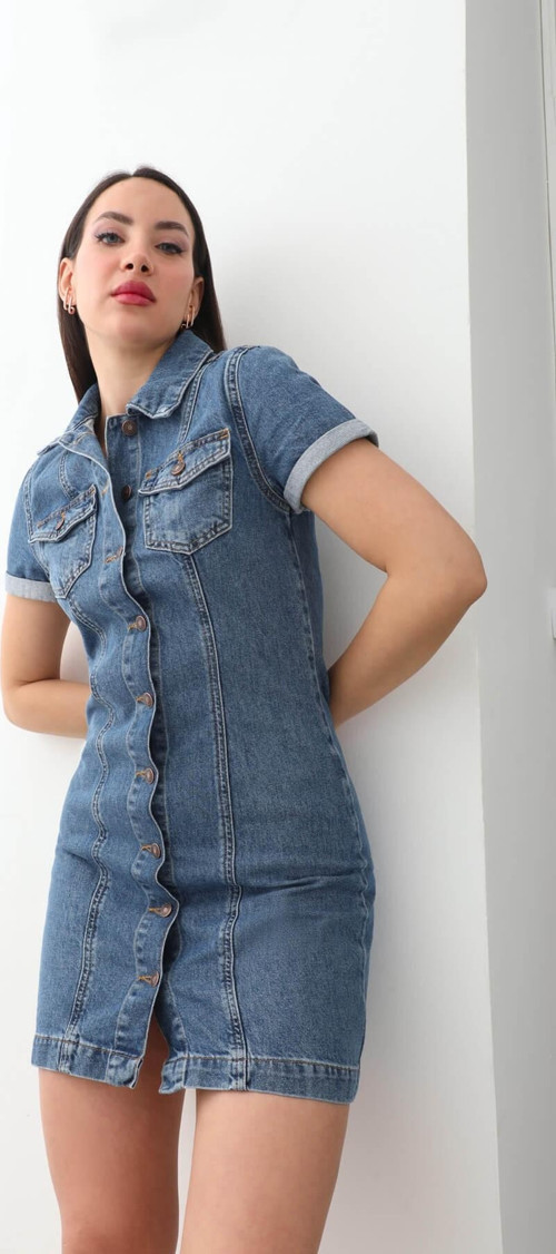 Kısa Kollu Önden Düğmeli Jean Elbise Mavi