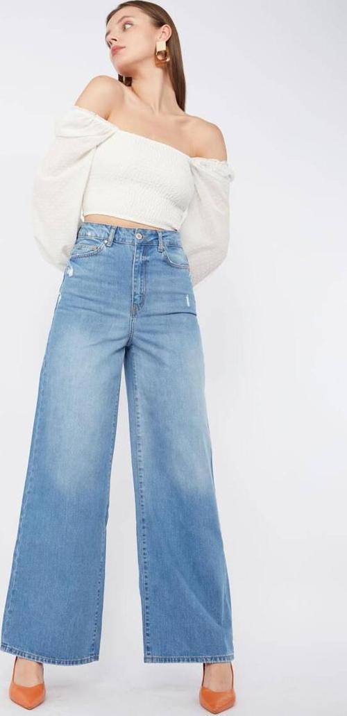Kadın Mavi Bol Paça Uzun Jean Pantolon