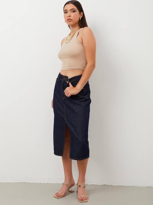 Kadın Yırtmaçlı Midi Jean Etek