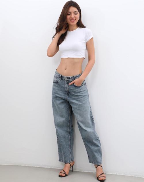 Kadın Yüksek Bel Skater Fit Jean Pantolon Buz Mavisi