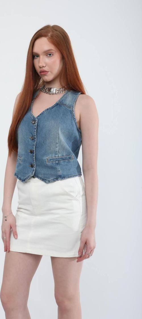 Kadın V Yaka Düğmeli %100 Pamuk Jean Yelek