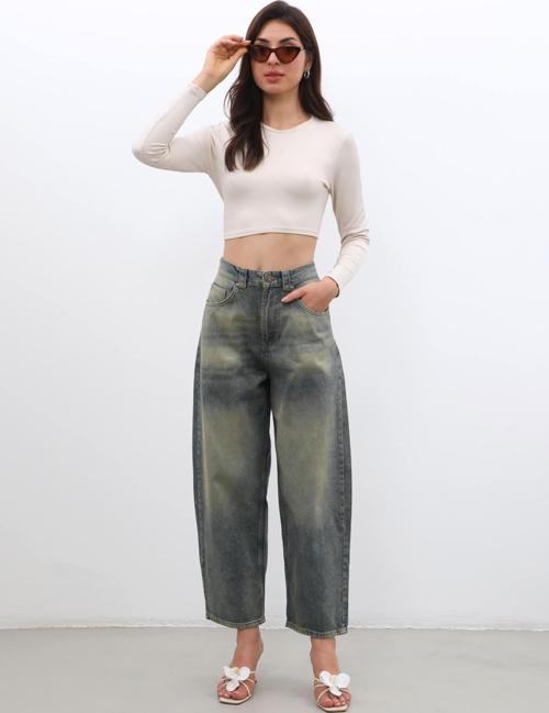 Kadın Yüksek Bel Skater Fit Jean Pantolon Tint Yeşil