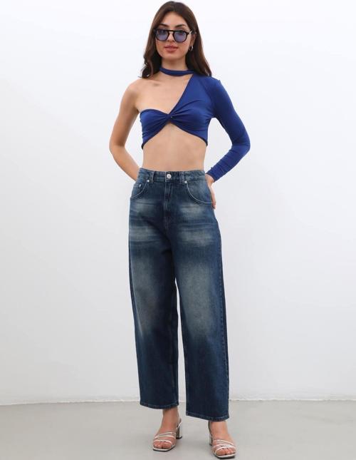 Kadın Yüksek Bel Skater Fit Jean Pantolon Lacivert