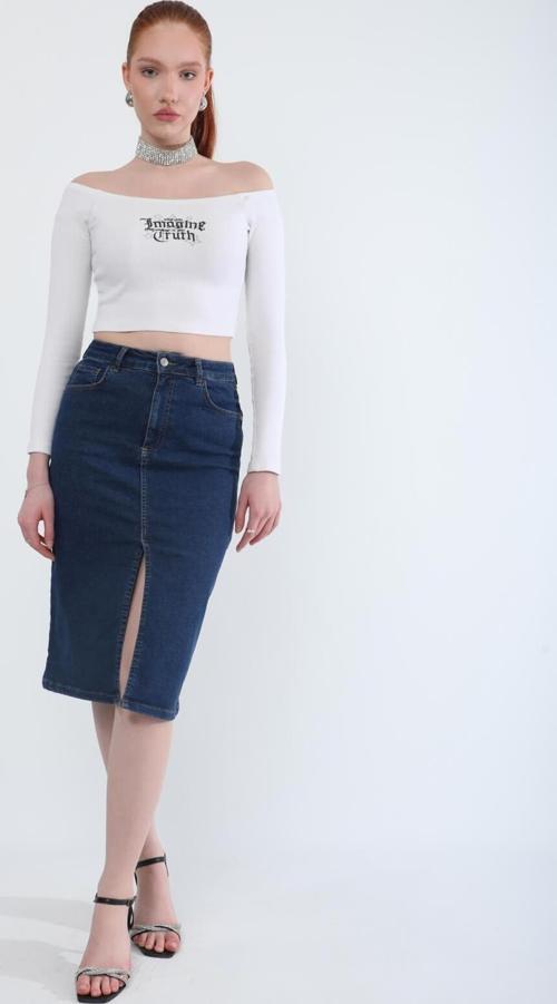 Önden Yırtmaçlı Likralı Midi Jean Etek