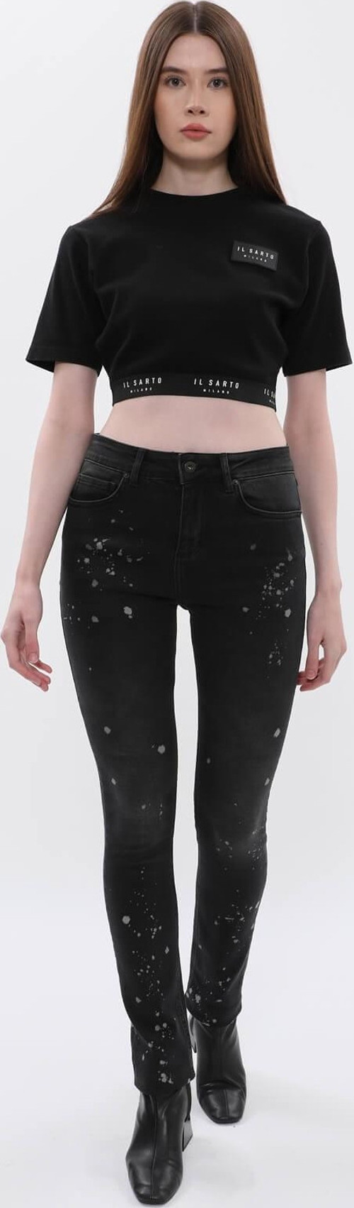 Kadın Yüksek Bel Skinny Fit Dar Paça Benekli Füme Jean Pantolon