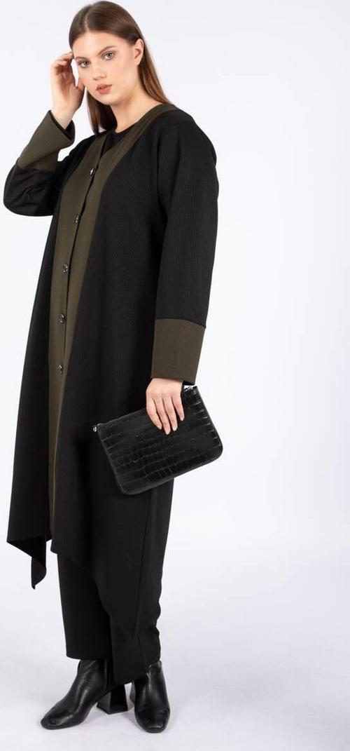 Kadın Büyük Beden Düğmeli Uzun 3'lü Takım Haki/Siyah