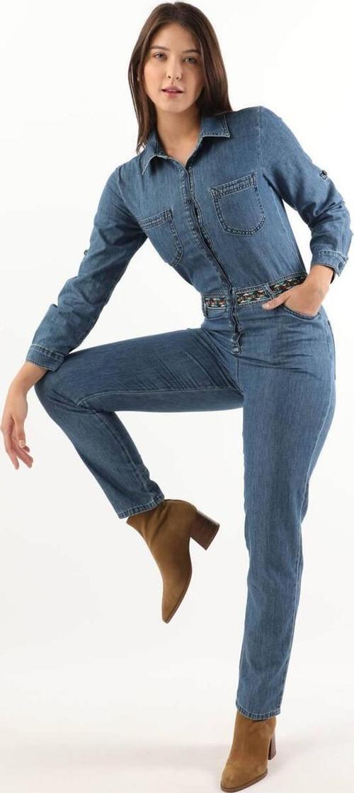 Kadın Etnik Desen Kemerli Yumuşak Dokulu Jean Tulum Mavi