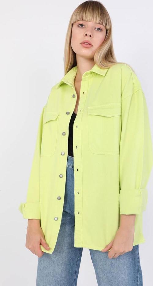 Kadın Oversize Jean Gömlek Neon Yeşil