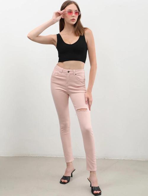 Kadın Pudra Yırtık Detaylı Jean Pantolon