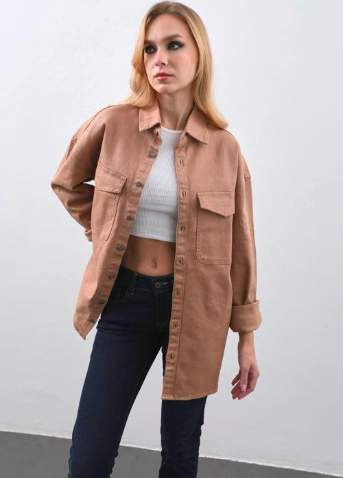 Kadın Oversize Jean Gömlek Bej