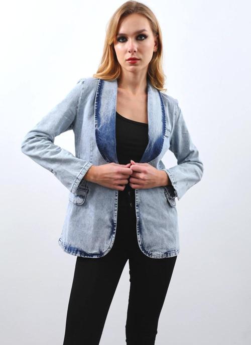 Kadın Uzun Kollu Tek Düğmeli Jean Ceket Buz Mavi