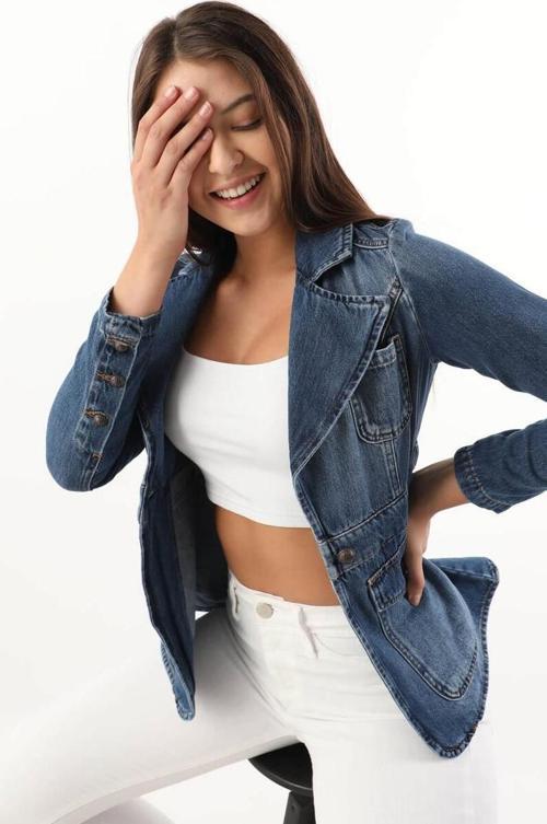 Kadın Uzun Kollu Tek Düğmeli Jean Ceket Mavi