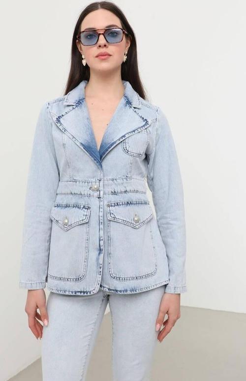 Kadın Uzun Kollu Tek Düğmeli Jean Ceket Açık Mavi