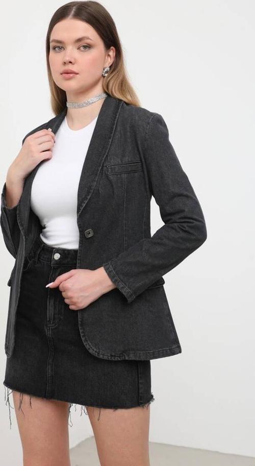 Kadın Uzun Kollu Tek Düğmeli Jean Ceket Antrasit
