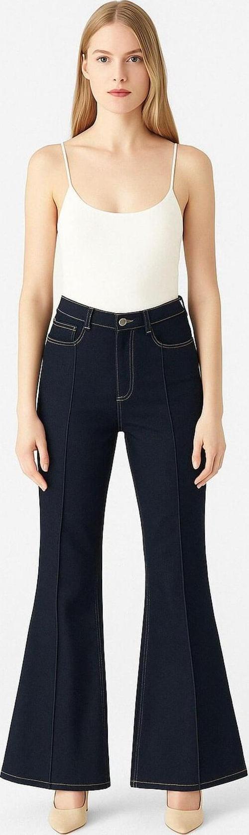 Kadın Likralı İspanyol Flare Paça Yüksek Bel Lacivert Jean Pantolon