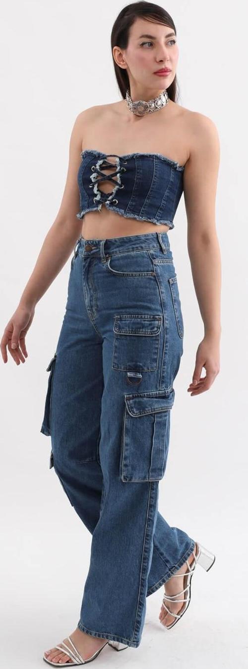 Kadın Baggy Kalıp Kargo Cepli Jean Pantolon Mavi