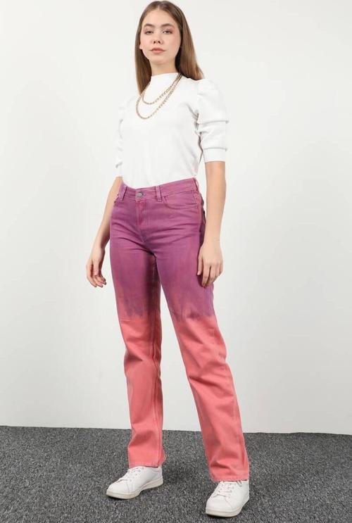 Kadın Düğmeli Boyalı Straight Fit Jean Pantolon Pembe