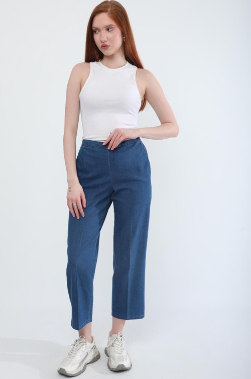 Kadın Beli Lastikli Likralı Yan Cepli Jean Pantolon Mavi