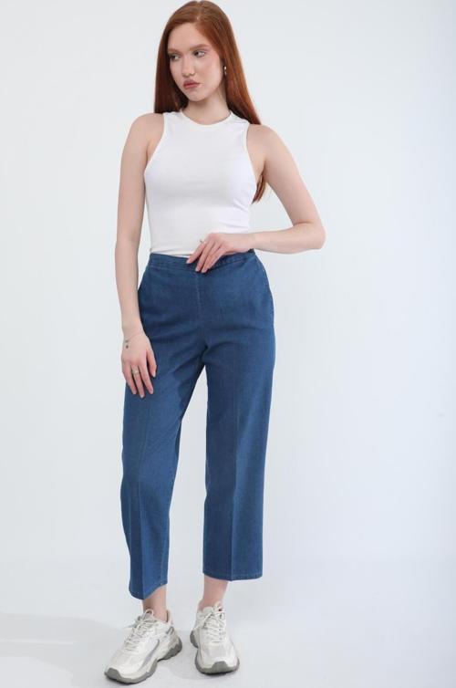 Kadın Beli Lastikli Likralı Yan Cepli Jean Pantolon Mavi