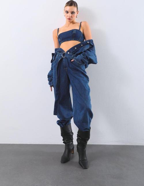 Kadın Oversize Jean Tulum Koyu Mavi