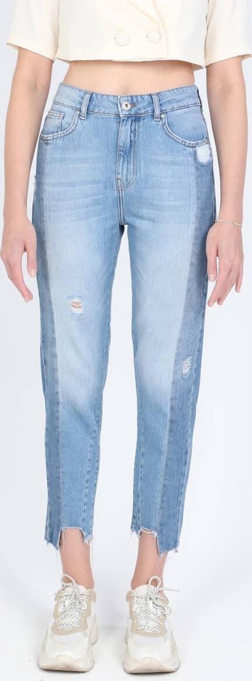 Kadın Çift Renkli Paçası Kesik Jean Pantolon Mavi