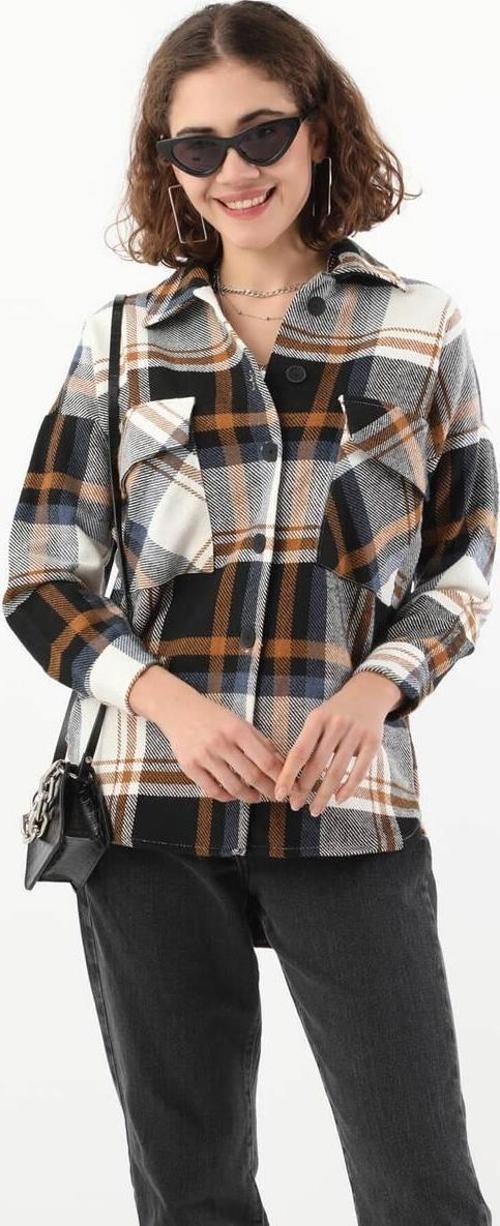Kadın Oversize Önü Cepli Oduncu Gömleği Lacivert