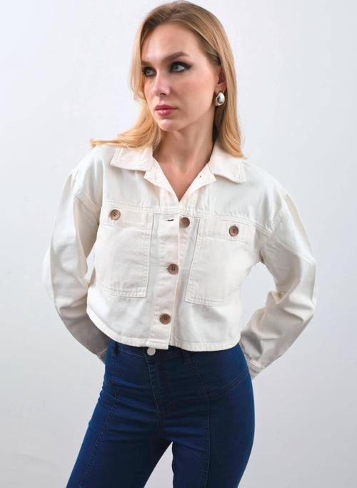 Kadın Ekru Crop Kesim Jean Ceket