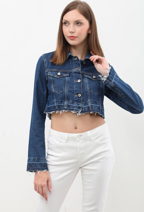 Kadın Püsküllü Crop Jean Ceket