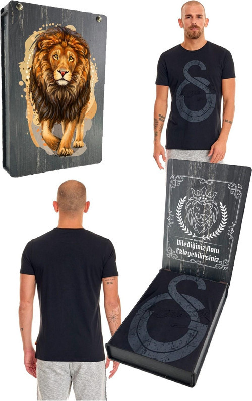 Orijinal Ata İmza T-Shirt Siyah Kişiye Özel Tasarım Aslan Baskılı Ahşap K