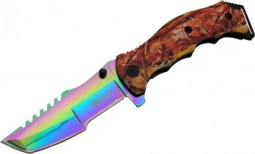 Büro Ev Ofis Kamp Keyfi için 23CM Tırtıklı Gökkuşağı Sap Yarı Otomatik Çakı