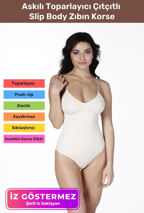 İz Saklayan Lazer Kesim İnceltici Etkili Push-Up Askılı Toparlayıcı Çıtçıtlı Slip Body Zıbın Korse