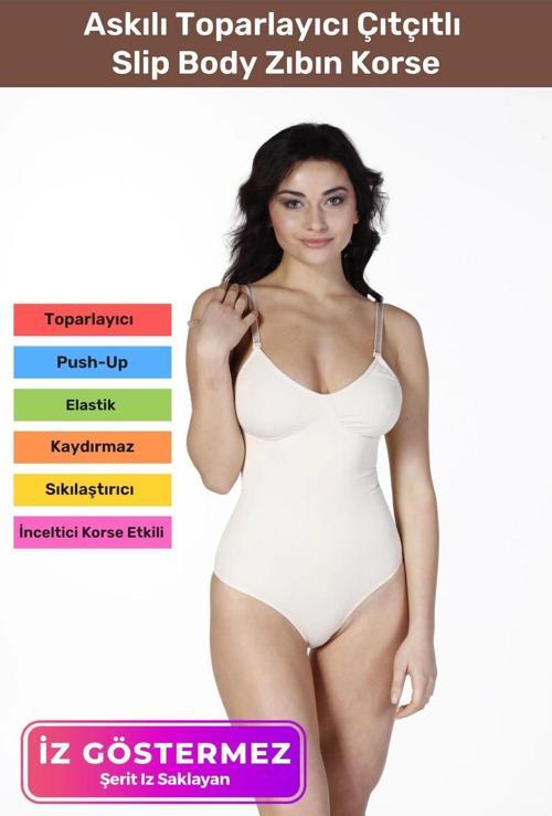 İz Saklayan Lazer Kesim İnceltici Etkili Push-Up Askılı Toparlayıcı Çıtçıtlı Slip Body Zıbın Korse