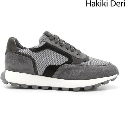 Erkek Gri Bağcıklı Hakiki Deri Sneaker