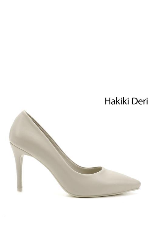 Kadın Bej Sivri Burun İnce Topuklu Hakiki Deri Stiletto