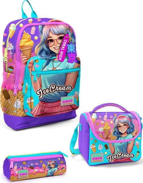 Kids Lila Turkuaz Dondurma ve Anime Desenli 3’lü Okul Çanta Seti SET0123773