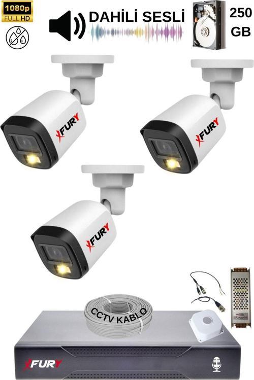 3 Kamera Sesli Gece Renkli Güvenlik Kamerası Full Hd-su Geçirmez Güvenlik Kamerası Seti 250gb